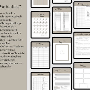 May include: A digital planner with a variety of printable pages for fitness, nutrition, and wellness tracking. The pages include a fitness tracker, food journal, shopping list, challenge tracker, progress tracker, weight loss tracker, habit tracker, step counter, before and after photos, meal planner, measurements tracker, weight loss contract, period tracker, monthly weight loss, yearly challenge, mood tracker, and weekly planner.