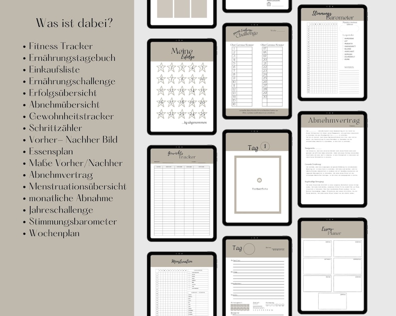 May include: A digital planner with a variety of printable pages for fitness, nutrition, and wellness tracking. The pages include a fitness tracker, food journal, shopping list, challenge tracker, progress tracker, weight loss tracker, habit tracker, step counter, before and after photos, meal planner, measurements tracker, weight loss contract, period tracker, monthly weight loss, yearly challenge, mood tracker, and weekly planner.