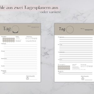 May include: Two printable daily planner templates with a beige background. The left planner has a section for water intake, sleep, mood, and a space to write down meals. The right planner has sections for priorities, to-do list, and mood. Both planners have a space to write the date and a section for tracking weight.