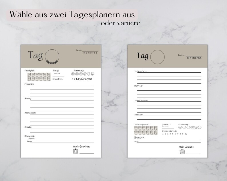 May include: Two printable daily planner templates with a beige background. The left planner has a section for water intake, sleep, mood, and a space to write down meals. The right planner has sections for priorities, to-do list, and mood. Both planners have a space to write the date and a section for tracking weight.