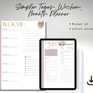 May include: Printable planner pages for daily, weekly, and monthly planning. The pages feature a minimalist design with a light pink background and brown accents. The text on the pages is in German.