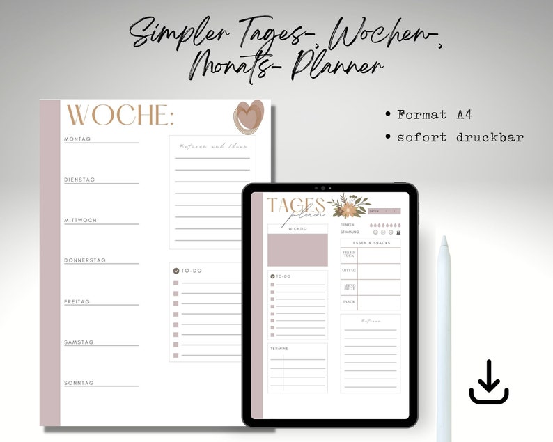 May include: Printable planner pages for daily, weekly, and monthly planning. The pages feature a minimalist design with a light pink background and brown accents. The text on the pages is in German.