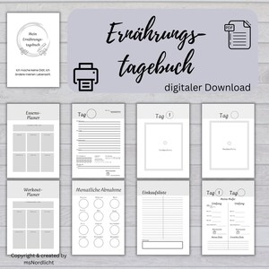 Könnte beinhalten: Druckbarer digitaler Download eines Ernährungstagebuchs mit Abschnitten für die Essensplanung, Trainingsplanung, monatliche Gewichtsabnahmeverfolgung, Einkaufslisten und tägliche Ernährungsprotokolle. Das Tagebuch hat ein grau-weißes Farbschema mit einem schlichten Design.