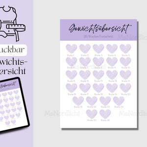 Könnte beinhalten: Druckbarer Gewichts-Tracker mit 26 Wochen Herzen zum Ausfüllen. Die Herzen sind helllila mit weißem Rand und einem strukturierten Muster. Der Text "Gewichtsübersicht" steht oben auf der Seite.