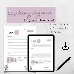 Könnte beinhalten: Ein druckbarer digitaler Download eines Ernährungstagebuchs mit einem lila-weißen Blumendesign. Das Tagebuch ist für die Papierformate A4 und A5 formatiert und umfasst 12 Seiten. Der Text auf dem Tagebuch lautet "Ernahrungstagebuch" und "Digitaler Download".