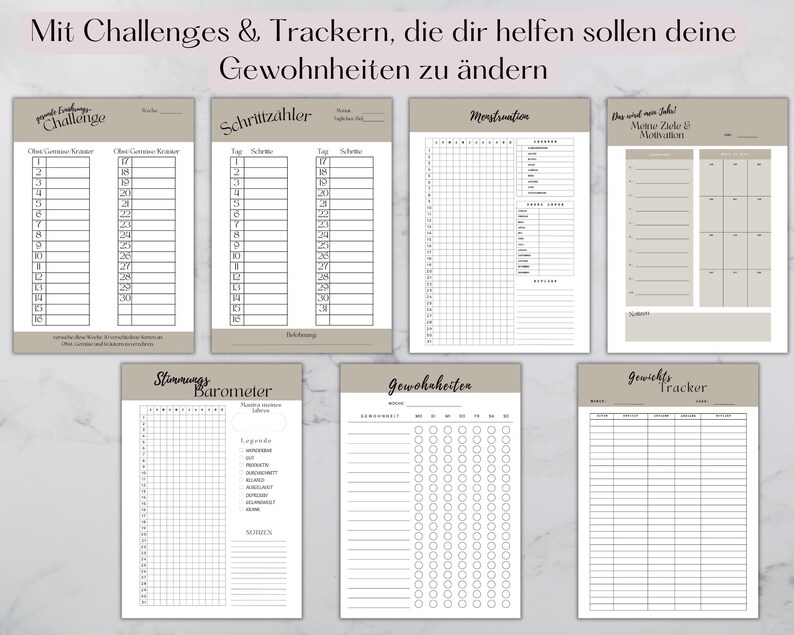 May include: A printable planner with pages for tracking steps, mood, weight, and habits. The pages are designed with a minimalist aesthetic and feature a light brown background.