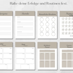 May include: A printable planner with a beige background and black text. The planner includes sections for mornings, evenings, monthly weight loss, workout plans, meal plans, and a section to track successes. The text in the image reads "Halte deine Erfolge und Routinen fest." which translates to "Keep your successes and routines firm."