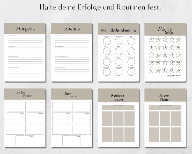 May include: A printable planner with a beige background and black text. The planner includes sections for mornings, evenings, monthly weight loss, workout plans, meal plans, and a section to track successes. The text in the image reads "Halte deine Erfolge und Routinen fest." which translates to "Keep your successes and routines firm."
