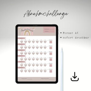 Puede incluir: Un rastreador de desafíos de pérdida de peso imprimible con un diseño de arcoíris. El rastreador incluye una sección para cada semana del desafío, con espacios para registrar el progreso diario. El texto en el rastreador dice "Abnehmchallenge 6 Wochen", que se traduce como "Desafío de pérdida de peso 6 semanas".