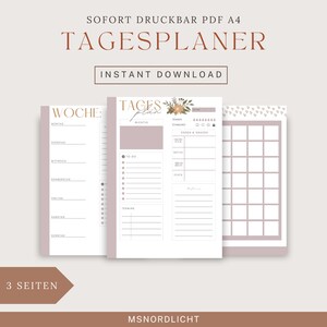 Könnte beinhalten: Ein druckbarer Tagesplaner mit floralem Design. Der Planer enthält Abschnitte für wöchentliche Aufgaben, tägliche To-Do-Listen, Essensplanung und einen Habit Tracker. Der Text auf dem Planer lautet "SOFORT DRUCKBAR PDF A4 TAGESPLANER INSTANT DOWNLOAD WOCHE: TAGES plan WICHTIG ESSEN & SNACKS 10-00 TERMINE 3 SEITEN MSNORDLICHT".