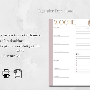 May include: A printable weekly planner with a pink and brown heart design. The planner includes sections for each day of the week, Monday through Sunday, with space for to-do lists and notes. The text "WOCHE" is at the top of the planner.