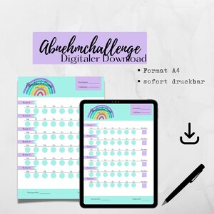 Puede incluir: Una descarga digital imprimible en formato A4 para un desafío de pérdida de peso. El documento presenta un diseño de arcoíris y una tabla con 6 semanas de casillas de verificación diarias. El texto "Abnehmchallenge Digitaler Download" está en la parte superior del documento.