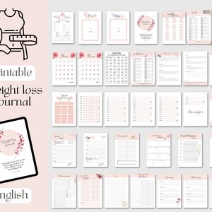 May include: Printable weight loss journal with floral designs. The journal includes pages for tracking meals, exercise, weight, and more. The cover features a pink circle with the text "Weight Loss Journal" and floral accents.