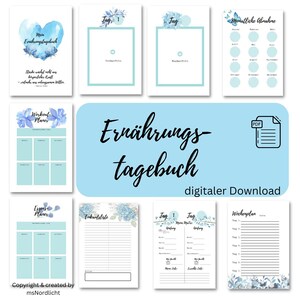 Könnte beinhalten: Ein digitales, druckbares Ernährungstagebuch mit einem blauen und weißen Blumendesign. Das Tagebuch enthält Seiten für die Planung von Mahlzeiten, Trainingsplanung und Einkaufslisten. Der Text "Ernährungs-tagebuch" ist in einer dekorativen Schrift auf hellblauem Hintergrund geschrieben.