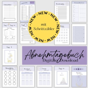 Op de afbeelding: Een downloadbare digitale print voor een afvaldagboek. Het dagboek bevat pagina's om maaltijden, trainingen en dagelijkse stappen bij te houden. De omslag heeft een paarse achtergrond met de tekst "Abnehmtagebuch Digitaler Download" in zwart.