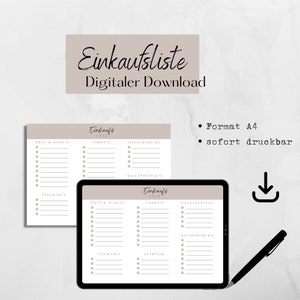 Könnte beinhalten: Digitales Einkaufslisten-Design mit dem Text "Einkaufsliste Digitaler Download". Das Bild zeigt ein Tablet und ein gedrucktes Blatt mit Abschnitten für Lebensmittel, Vorräte, Tiefkühlkost und mehr. Ein schwarzer Stift ist ebenfalls sichtbar.
