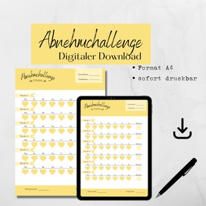 Könnte beinhalten: Ein druckbarer Gewichtsabnahme-Challenge-Tracker mit gelbem Hintergrund. Der Tracker ist in sechs Wochen unterteilt und enthält einen Bereich zur Verfolgung des täglichen Fortschritts. Der Text "Abnehmchallenge" ist oben auf der Seite in Schwarz geschrieben. Der Text "Digitaler Download" ist in Schwarz unter dem Titel geschrieben. Der Text "Format A4" und "sofort druckbar" ist in Schwarz in der oberen rechten Ecke der Seite geschrieben.