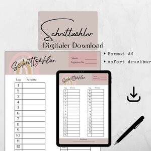 May include: Printable A4 sheet with a rainbow design and the text "Schrittzähler" in German, which translates to "Step Counter". The sheet is divided into two columns, one for the day of the month and the other for the number of steps taken. The sheet is designed to help people track their daily steps.