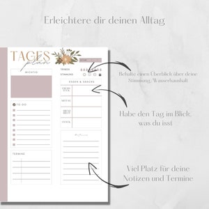 May include: A printable daily planner with a floral design. The planner includes sections for to-do lists, important tasks, appointments, water intake, mood tracking, and meal planning. The text "Erleichtere dir deinen Alltag" is at the top of the page, which translates to "Make your everyday life easier".