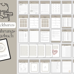 May include: A printable nutrition journal with a brown and white color scheme. The journal includes sections for daily food intake, meal planning, workout plans, and monthly progress tracking. The cover features a stylized illustration of a person holding a measuring tape.