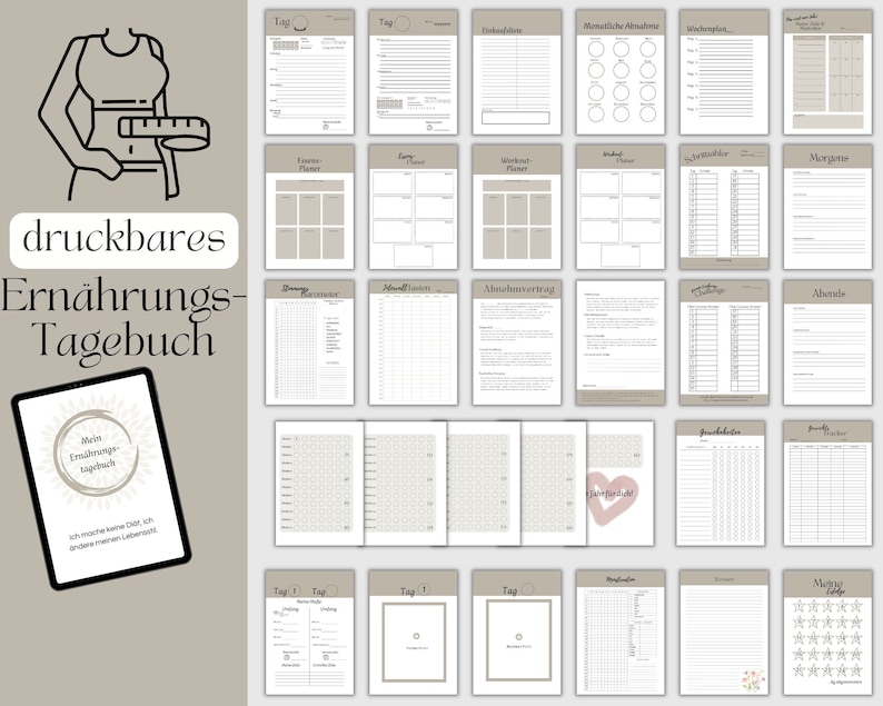 May include: A printable nutrition journal with a brown and white color scheme. The journal includes sections for daily food intake, meal planning, workout plans, and monthly progress tracking. The cover features a stylized illustration of a person holding a measuring tape.