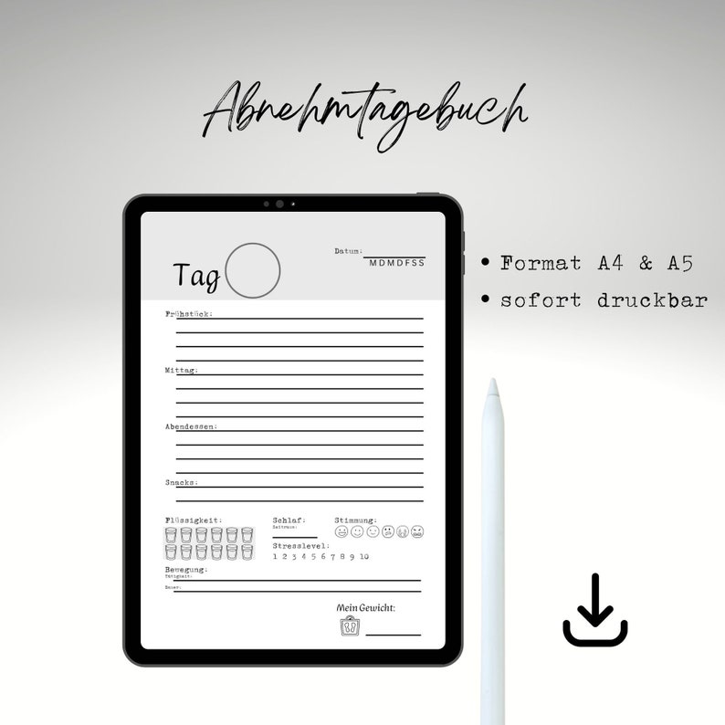 Ernährungstagebuch, Abnehmtagebuch, Diät Tagebuch, Abnehmen, gesund