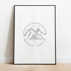 Mountain Scene Print, Instant Download, Digital Print, Monochrome, Printable Wall Art, Canada Mountain View, Minimalist Print