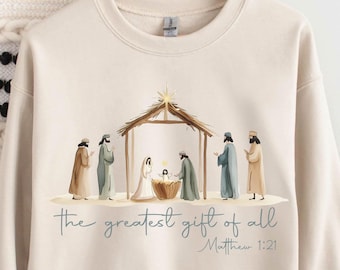 The Greatest Gift of All Matthew 1:21 Christmas Sweatshirt, Christian Nativity Sweater, Religious Holiday Crewneck for Faith Lovers
