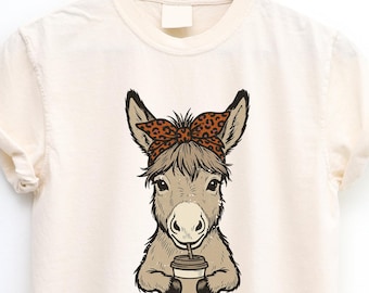 Coquette Donkey Coffee T Shirt Cute Farm Animal Graphic Tee with Bow Funny Donkey Lover Gift Rustic Aesthetic Western Style Shirt
