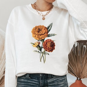 Wildflower Vintage Sweatshirt, Orange Marigolds Sweatshirt and Hoodie, Oversized Sweater, Flower Lover Gifts, Sweatshirt for Women