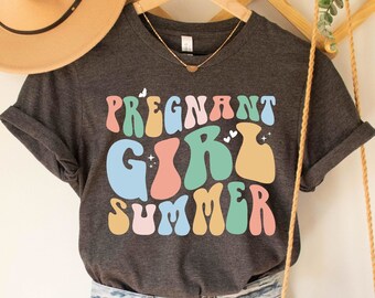 Pregnant Girl Summer T-Shirt, Retro Pregnant Shirt, Cute Mothers Day Shirt, Baby Announcement, Pregnancy Reveal, Baby Shower Gift