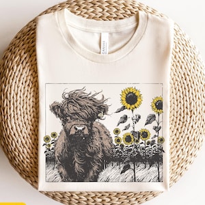 Highland Cow in Sunflowers T-Shirt, Cows Lover Tee, Retro Cowboy and Girl, Bohemian Western, Vintage Cows Nature Scene, Western Farm Life