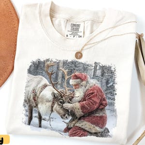 Vintage Santa Claus and Reindeer Christmas Shirt, Comfort Colors, Cozy Holiday Graphic Tee, Winter Wonderland Aesthetic Xmas Gift Idea