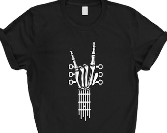 Rock and Roll Skeleton Hand Guitar T-Shirt, Rock N Roll Halloween Tee, Rock On Devil Horn Shirt, Skeleton Bones Rock & Roll Concert Tee