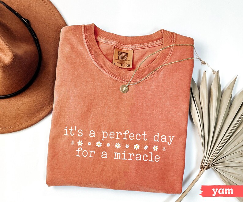 May include: A coral-colored t-shirt with the text "it's a perfect day for a miracle" in white lettering. The shirt has a distressed look and is decorated with small white flower designs.