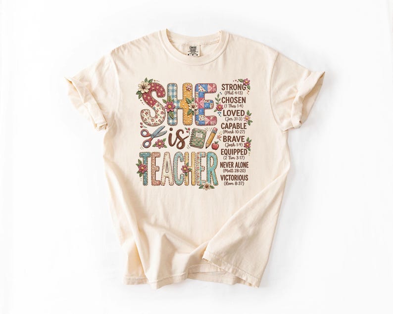 She Is Teacher Christian Teacher T-Shirt, Faith Based Teacher Shirt, Inspirational Bible Verse Teacher Tee, Religious Teaching Gift, christian teacher tee, she is teacher shirt, faith teacher shirt, bible verse teacher, teacher faith gift, religious teacher tee, christian teacher gift, inspirational teacher, sunday school shirt, teacher ministry tee, teacher appreciation, floral teacher tee, faith classroom shirt