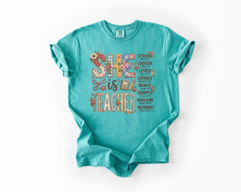 She Is Teacher Christian Teacher T-Shirt, Faith Based Teacher Shirt, Inspirational Bible Verse Teacher, Religious Teaching Comfort Colors image 3