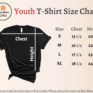 May include: Youth T-shirt size chart with measurements in inches. The chart shows sizes S, M, L, and XL with corresponding chest and height measurements.