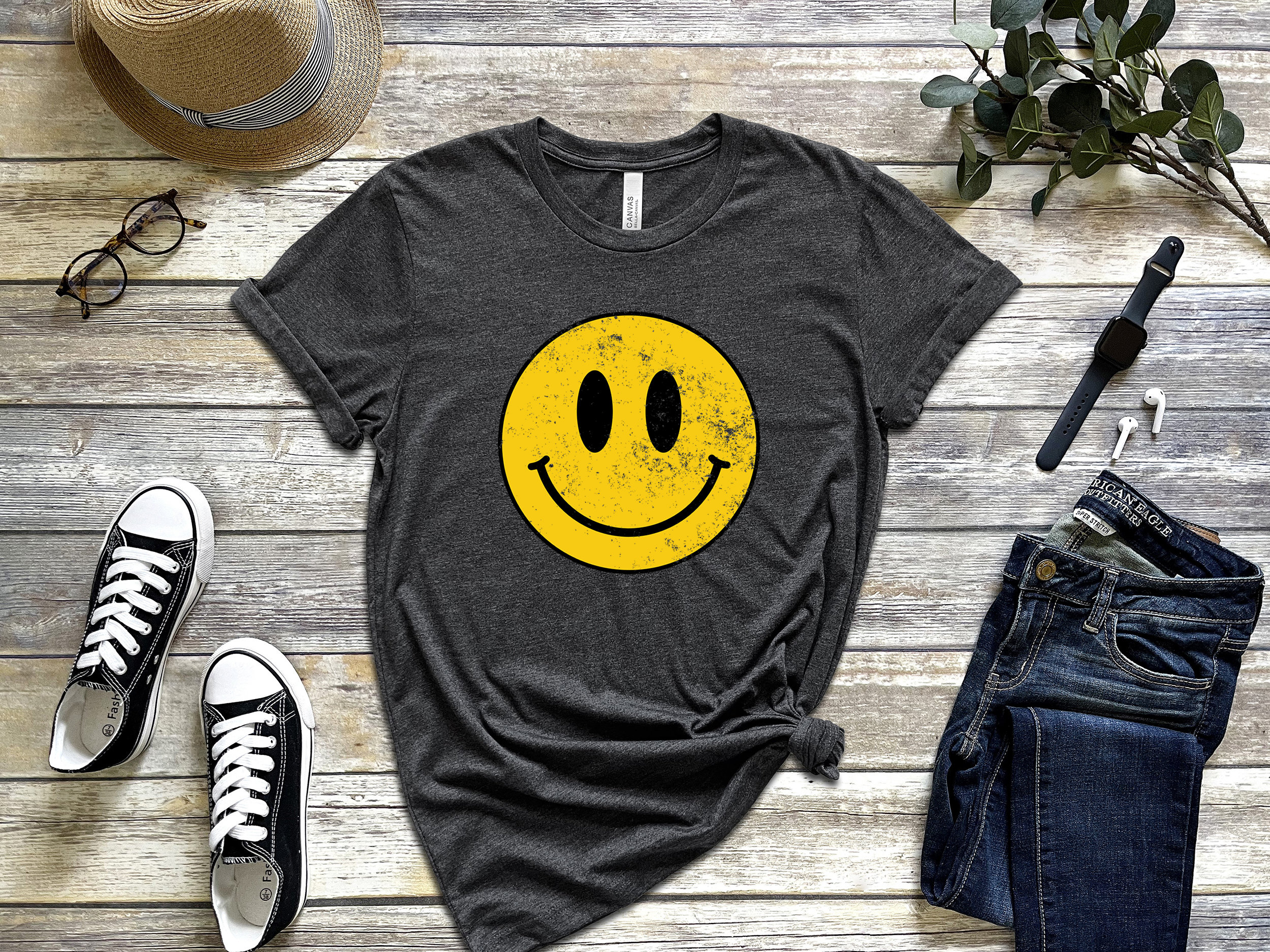 T-shirt Homme Surdimensionné Smiling Face - Imprimé Rétro Vintage, Manches Courtes, Coupe Loose Décontractée - Noir