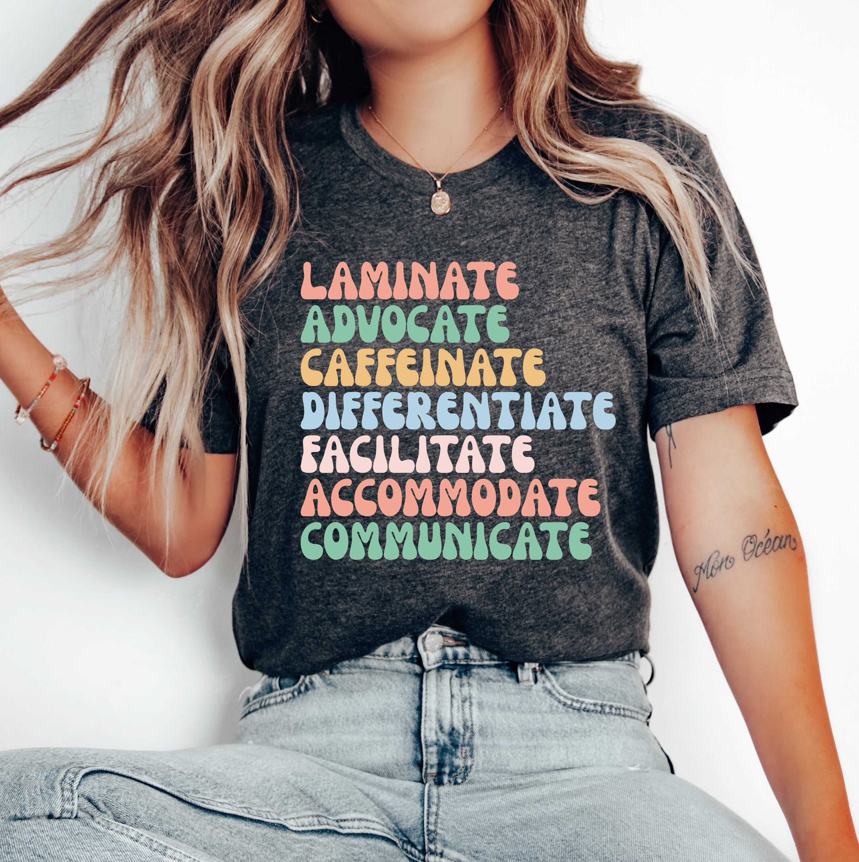 Laminate Advocate Caffeinate Educate Differentiate Facilitate T-Shirt, Gift For Sped Teacher, Special Education, Teacher Team Counselor Tee