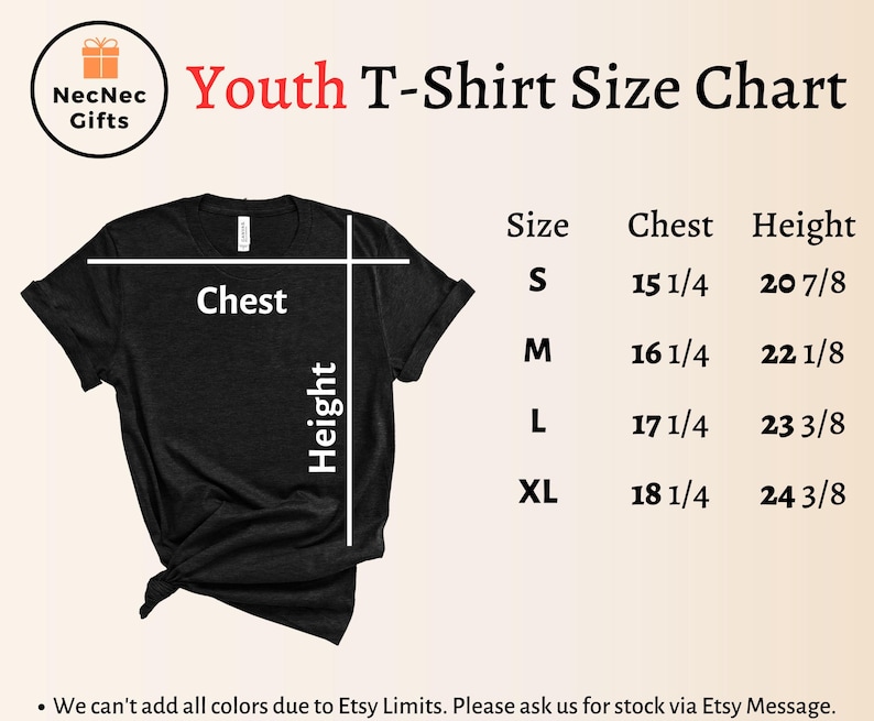 May include: Black youth t-shirt with a size chart. The chart shows chest and height measurements for sizes S, M, L, and XL. The text "Youth T-Shirt Size Chart" is in red. The brand logo is in the upper left corner.