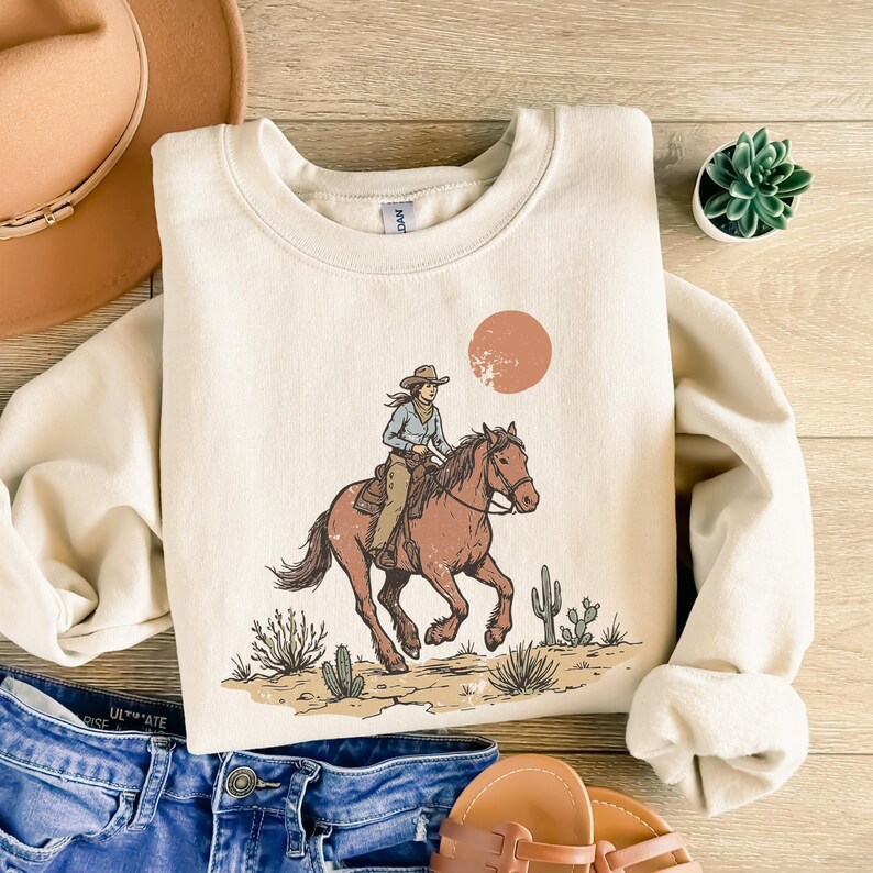Vintage Cowgirl Riding Horse Desert Sweatshirt, Western Rodeo Sunset ...