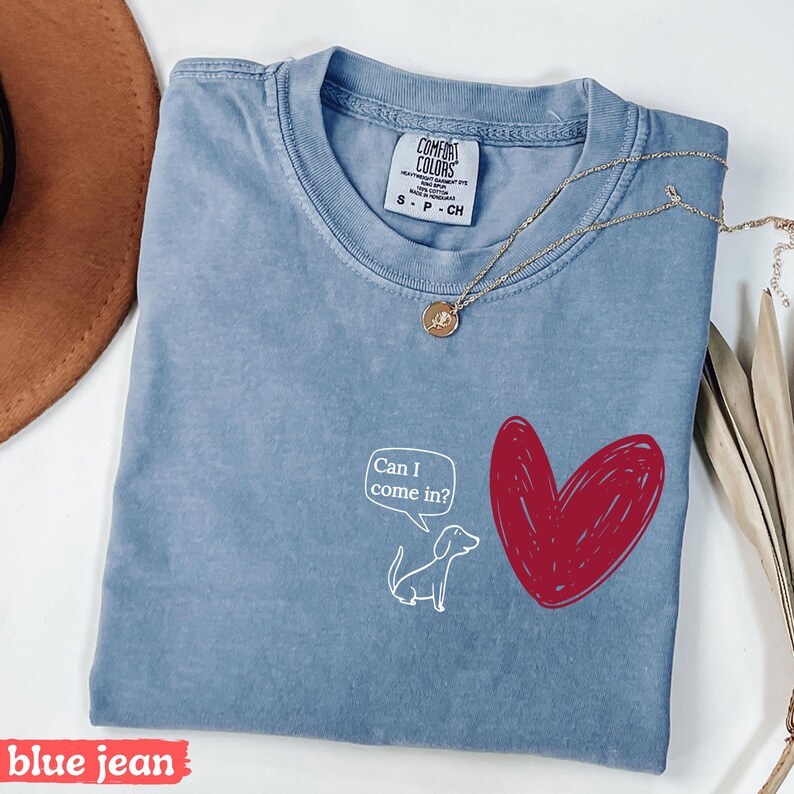 May include: A blue jean Comfort Colors t-shirt with a white cartoon dog and a red heart graphic. The dog has a speech bubble that says "Can I come in?" A gold necklace is draped across the shirt.