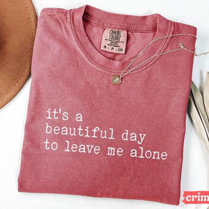 May include: A red, vintage-style t-shirt with the text "it's a beautiful day to leave me alone" printed in white.