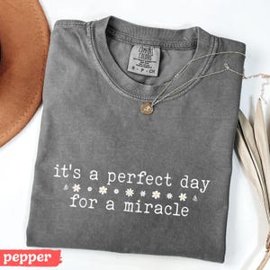 May include: A gray t-shirt with the text "it's a perfect day for a miracle" in white lettering. The shirt has a distressed look and is decorated with small white daisy flowers.