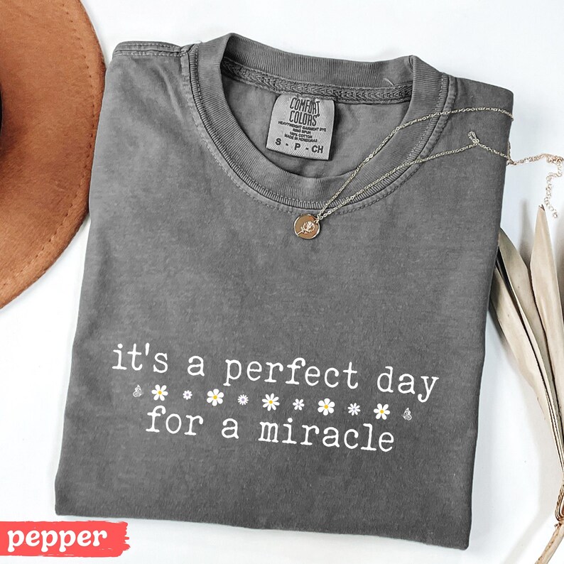 May include: A gray t-shirt with the text "it's a perfect day for a miracle" in white lettering. The shirt has a distressed look and is decorated with small white daisy flowers.
