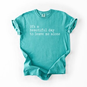 May include: Teal blue t-shirt with the text "it's a beautiful day to leave me alone" printed in white.
