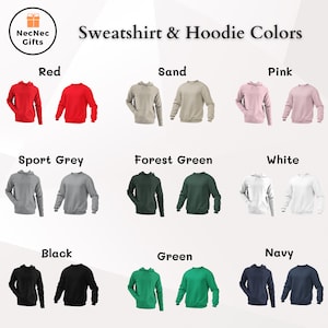 May include: A visual guide to sweatshirt and hoodie colours. The image shows 12 different colours of sweatshirts and hoodies, including red, sand, pink, sport grey, forest green, white, black, green, and navy.