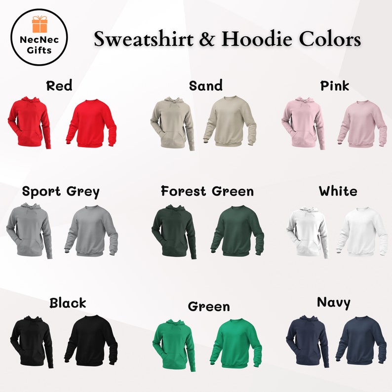 May include: A visual guide to sweatshirt and hoodie colours. The image shows 12 different colours of sweatshirts and hoodies, including red, sand, pink, sport grey, forest green, white, black, green, and navy.