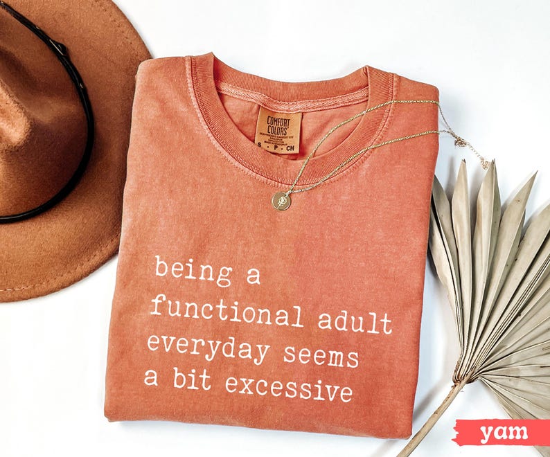 K&ouml;nnte beinhalten: Ein korallenfarbenes T-Shirt mit dem wei&szlig;en Text "being a functional adult everyday seems a bit excessive". Eine goldene Halskette und ein brauner Hut liegen neben dem Shirt. Das Shirt hat ein Comfort Colors-Etikett.
